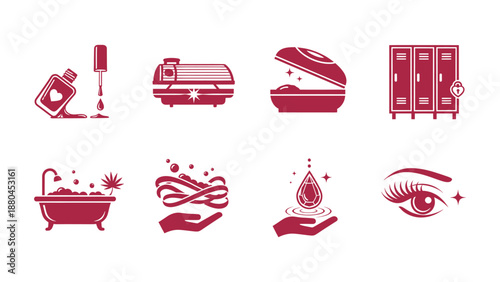 Collection of beauty, personal care, and spa icons including nail polish, tanning bed, and eye care