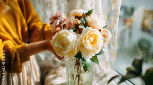Person in Mustard Sweater Arranging Large Cream and Pink Roses in Glass Vase in Bright Room with Floral Curtain