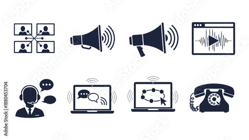 A set of communication and technology icons including video conference, customer service, and announcements