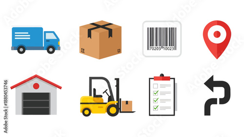 Logistics and Supply Chain Flat Vector Icon Set Featuring a Delivery Truck, Cardboard Box, Barcode, Map Pin, Warehouse, Forklift, Checklist, and Direction Arrow.