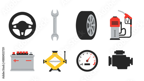 Vector Illustration Set of Car Parts and Automotive Repair Icons Including Steering Wheel, Tire, Gas Pump, Battery, Jack, Speedometer, Wrench, and Engine Block.