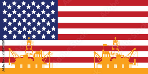 Background oil and gas platform on the sea with rig. Background flag of american. United states of america