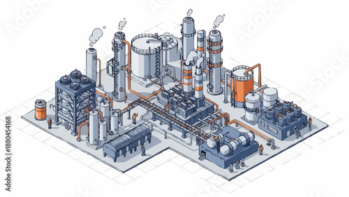 Industrial Factory Complex with Pipes and Towers.