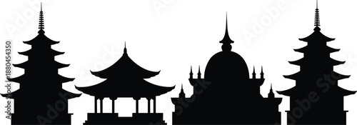 asian, temple, silhouettes, pagoda, architecture, skyline, traditional, religious, buildings, landmark, culture, heritage, black, iconic, design, isolated, white, background, vector, illustration