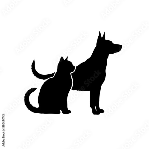 A simple black silhouette depicting a cat and a dog standing closely together