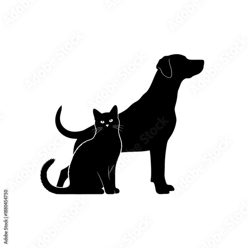 A simple black silhouette depicts a seated cat and a standing dog