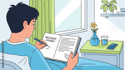 Man writing in recovery journal by window with green curtain and plants