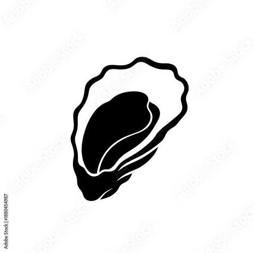A simple black and white illustration of an oyster shell with a pearl inside