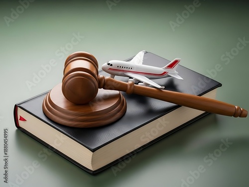 Aviation law and justice represented by gavel and airplane on book