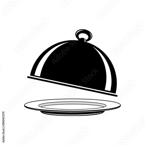 A black and white illustration of a covered serving dish on a plate