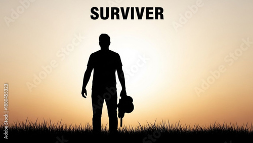 Silhouette of lone survivor standing in grassy field at sunset with backpack