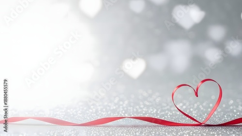 A red ribbon heart on a sparkling background with white hearts