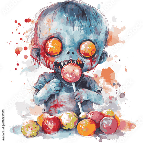 Watercolor Zombie Child Devouring Candies and Lollipops , vector style simple color