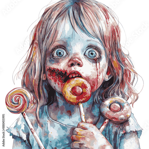 Watercolor Zombie Child Devouring Candies and Lollipops , vector style simple color