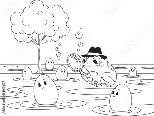 Cartoon detective frog investigating eggs in puddles Vector