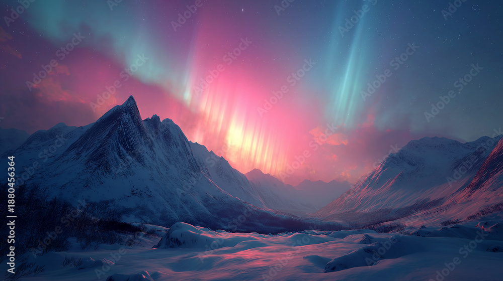Obraz premium Snowy mountain peak stands tall under vibrant aurora borealis display in the night sky slowly.