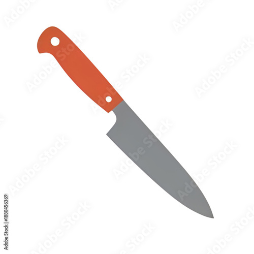 A sharp kitchen knife with an orange handle is prominently displayed against a clean white background in a simple illustration.