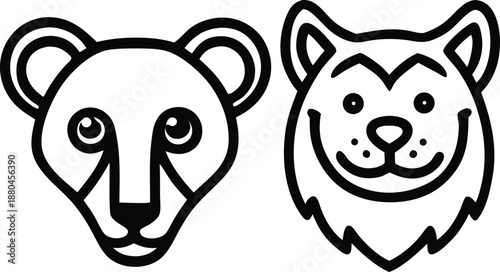 Cute panda bear and happy dog characters holding two toothbrushes near a funny angel and vector tooth illustration with a red heart symbol isolated on white