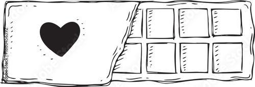 Chocolate bar with heart symbol on wrapper sketch. Hand drawn sweet dessert doodle for Valentine's Day, romantic gift, and food concept.