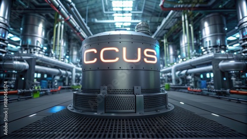 Utilization and Storage (CCUS) Industrial setting featuring a prominent tank labeled CCUS, surrounded by pipes and machinery.