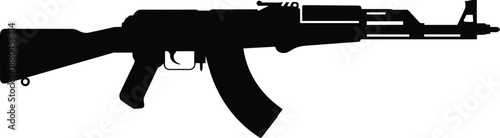 Assault rifle silhouette vector illustration, black AK style automatic firearm icon isolated on white background, military weapon graphic design