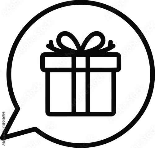 Gift box in speech bubble outline icon for communication of special offers or presents
