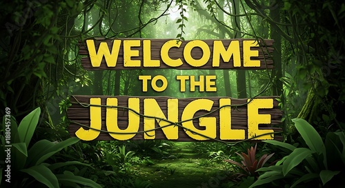 Immersive jungle environment features large wooden sign announcing an arrival in the thick foliage
