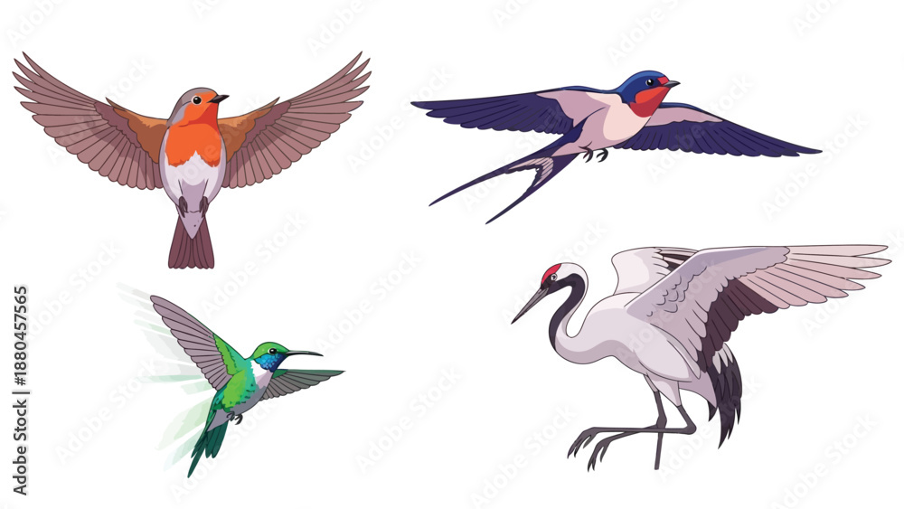 Fototapeta premium A collection of four distinct illustrated birds in flight or poised for movement showcasing a robin, a swallow, a hummingbird, and a Japanese crane