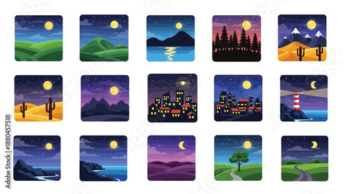 A collection of fifteen stylized flat design icons depicting diverse nighttime landscape scenes under the glow of the moon