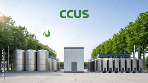 Utilization and Storage (CCUS) Innovative carbon capture and storage facility with green technology and modern design surrounded by trees.