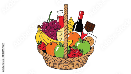 Illustration of a beautifully woven picnic basket overflowing with an abundant assortment of fresh fruit, gourmet cheese, sweet treats, and a bottle of red wine perfect for celebrations.