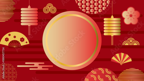 Chinese New Year 2026 Illustration with Horse Zodiac, Golden Lanterns, Red Asian Festive Background, Traditional Lunar Holiday Vector Design for Banner, Poster, Greeting Card, Calendar, and Cultural C