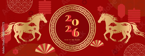 Chinese New Year 2026 Illustration with Horse Zodiac, Golden Lanterns, Red Asian Festive Background, Traditional Lunar Holiday Vector Design for Banner, Poster, Greeting Card, Calendar, and Cultural C