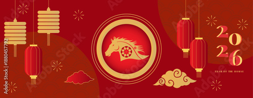 Chinese New Year 2026 Illustration with Horse Zodiac, Golden Lanterns, Red Asian Festive Background, Traditional Lunar Holiday Vector Design for Banner, Poster, Greeting Card, Calendar, and Cultural C