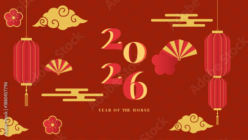 Canvas Print Chinese New Year 2026 Illustration with Horse Zodiac, Golden Lanterns, Red Asian