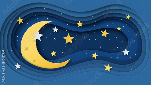 Paper cut night sky with crescent moon and stars layered abstract background for sleep and dreams concept celestial illustration