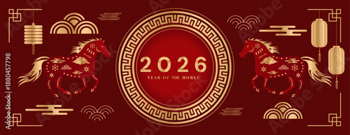 Chinese New Year 2026 Illustration with Horse Zodiac, Golden Lanterns, Red Asian Festive Background, Traditional Lunar Holiday Vector Design for Banner, Poster, Greeting Card, Calendar, and Cultural C