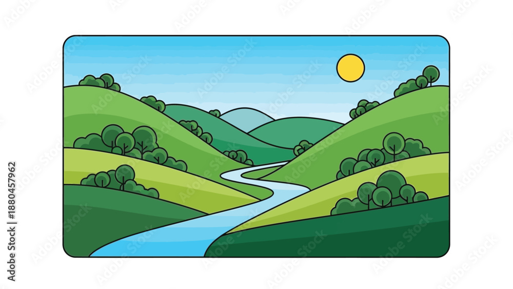 Obraz premium Simple cartoon illustration depicts a serene landscape with rolling green hills a winding blue river flowing through the valley under a bright clear sky with a yellow sun shining.