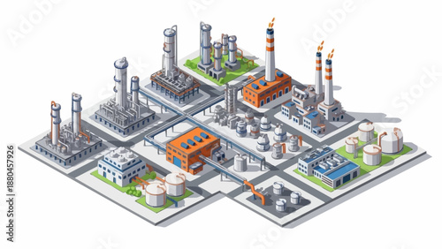 Industrial complex with multiple factories and production facilities.