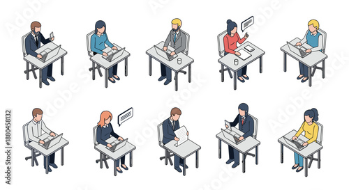 Isometric illustration of diverse professionals working at desks with laptops and documents depicting various office tasks and business operations.