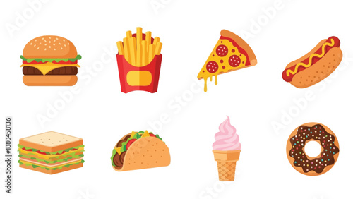 Collection of delicious cartoon fast food icons including a cheeseburger french fries pizza slice hotdog sandwich taco ice cream cone and frosted donut
