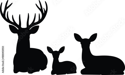 Deer family silhouette vector illustration, stag doe and fawn resting together, wildlife animal shapes isolated on white background, nature concept