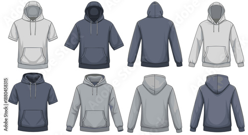 Template sketches showing front and back views for different hoodie styles including short sleeved and long sleeved options in various grey shades.