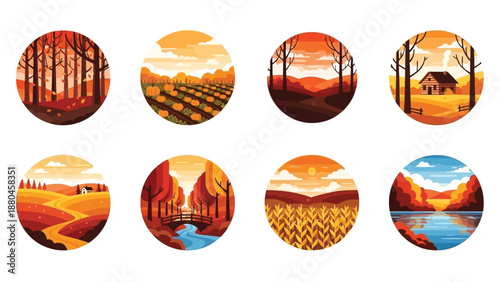 Collection of eight circular flat vector illustrations depicting various idyllic autumnal landscape scenes celebrating the season's harvest and foliage.
