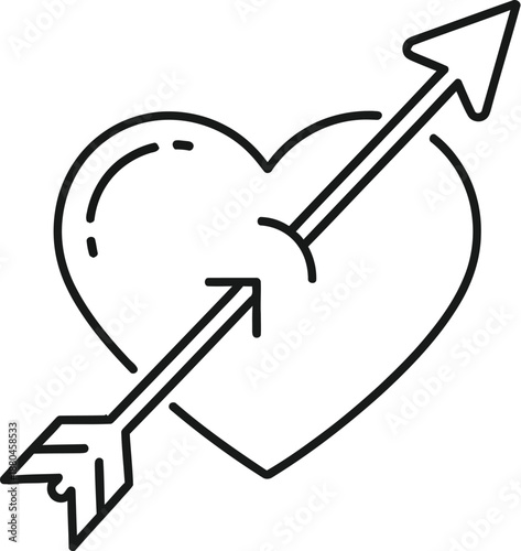 Simple black line art icon depicting a classic cupid arrow piercing directly through the center of a stylized heart symbol