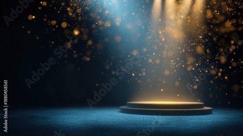 Dark blue abstract stage background with golden lines and glitter, realistic 3D for award design, elegant template