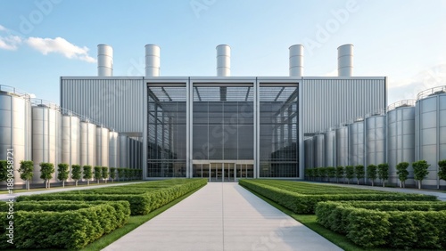 Utilization and Storage (CCUS) Modern industrial building with tall smokestacks and landscaped surroundings.
