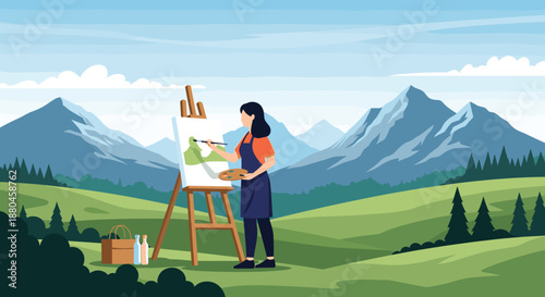 Peaceful landscape scene of an artist painting a beautiful mountain vista on an easel in a green valley with pine trees under a clear blue sky.