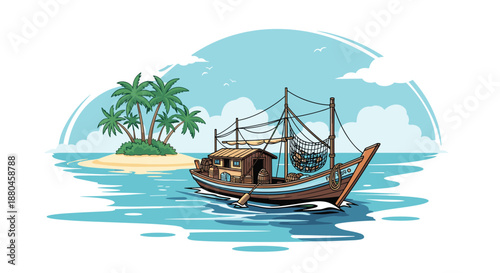 Traditional wooden fishing boat sailing on calm blue water near a small tropical island with palm trees under a bright and sunny afternoon sky.