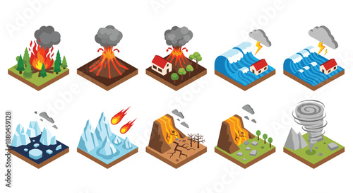 Isometric icons representing different natural disasters including forest fires volcanic eruptions tsunamis earthquakes landslides and tornadoes.